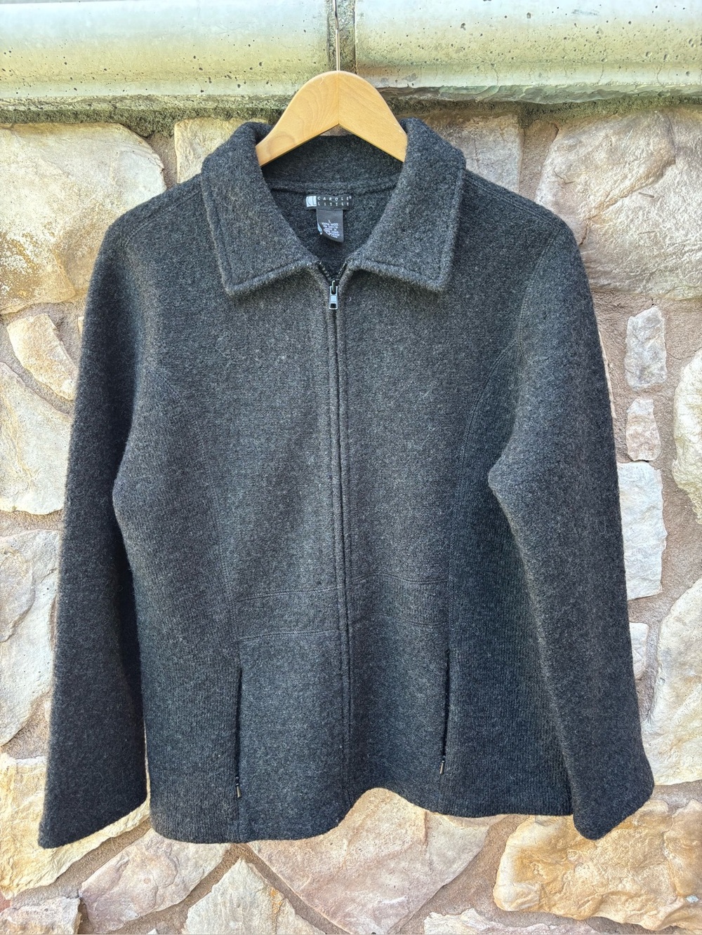 Vintage Carole Little Gray 100% Wool Jacket Full Zip Pockets Long Sleeve Size L